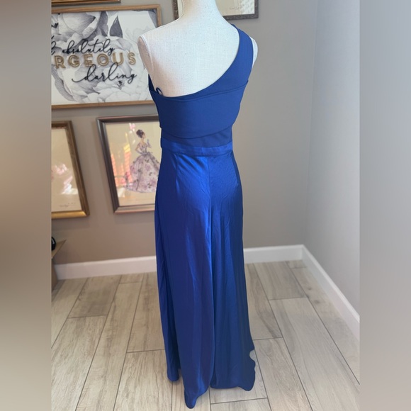 TED BAKER Ivena Asymmetric Knit Bodice Royal Blue Satin Skirt Dress - Picture 11 of 13